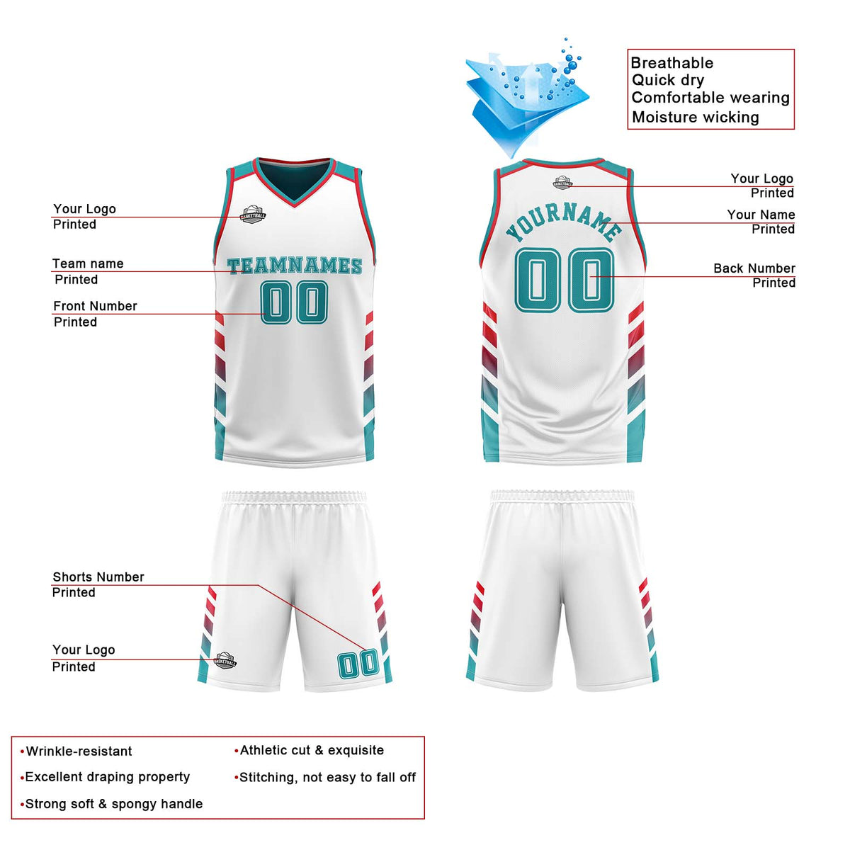 Benutzerdefinierte Weiß Türkis Rot Reversible Basketball Jersey Personalisierte Print Name Nummer Logo