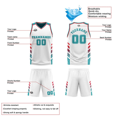 Benutzerdefinierte Weiß Türkis Rot Reversible Basketball Jersey Personalisierte Print Name Nummer Logo