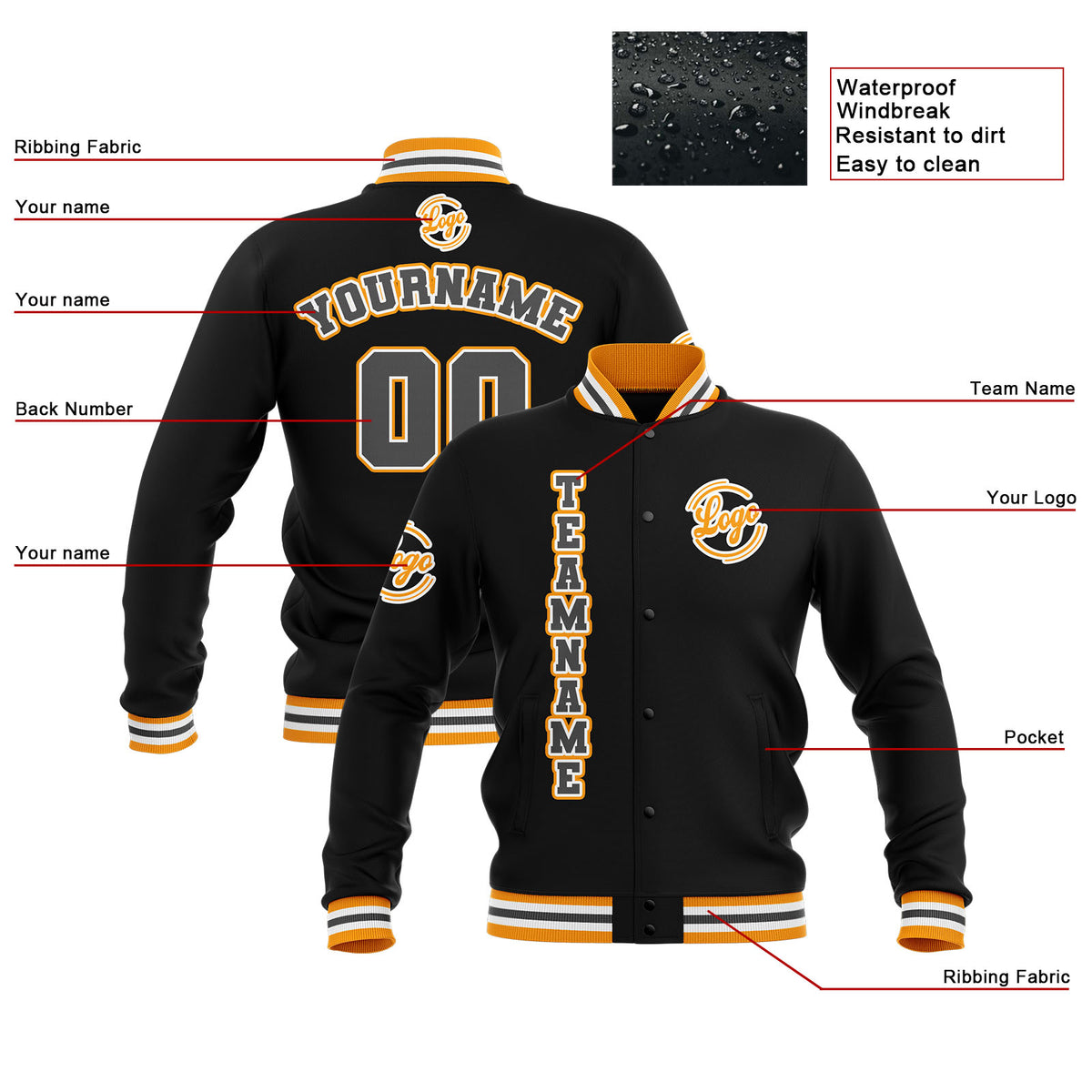 Benutzerdefiniert Schwarz Gelb Grau Wasserdichte Varsity Jacken Personalisiert genäht Name Nummer Logo zu Letterman Jacken