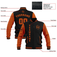 Benutzerdefiniert Schwarz Dunkel Orange Wasserdichte Varsity Jacken Personalisiert genäht Name Nummer Logo zu Letterman Jacken