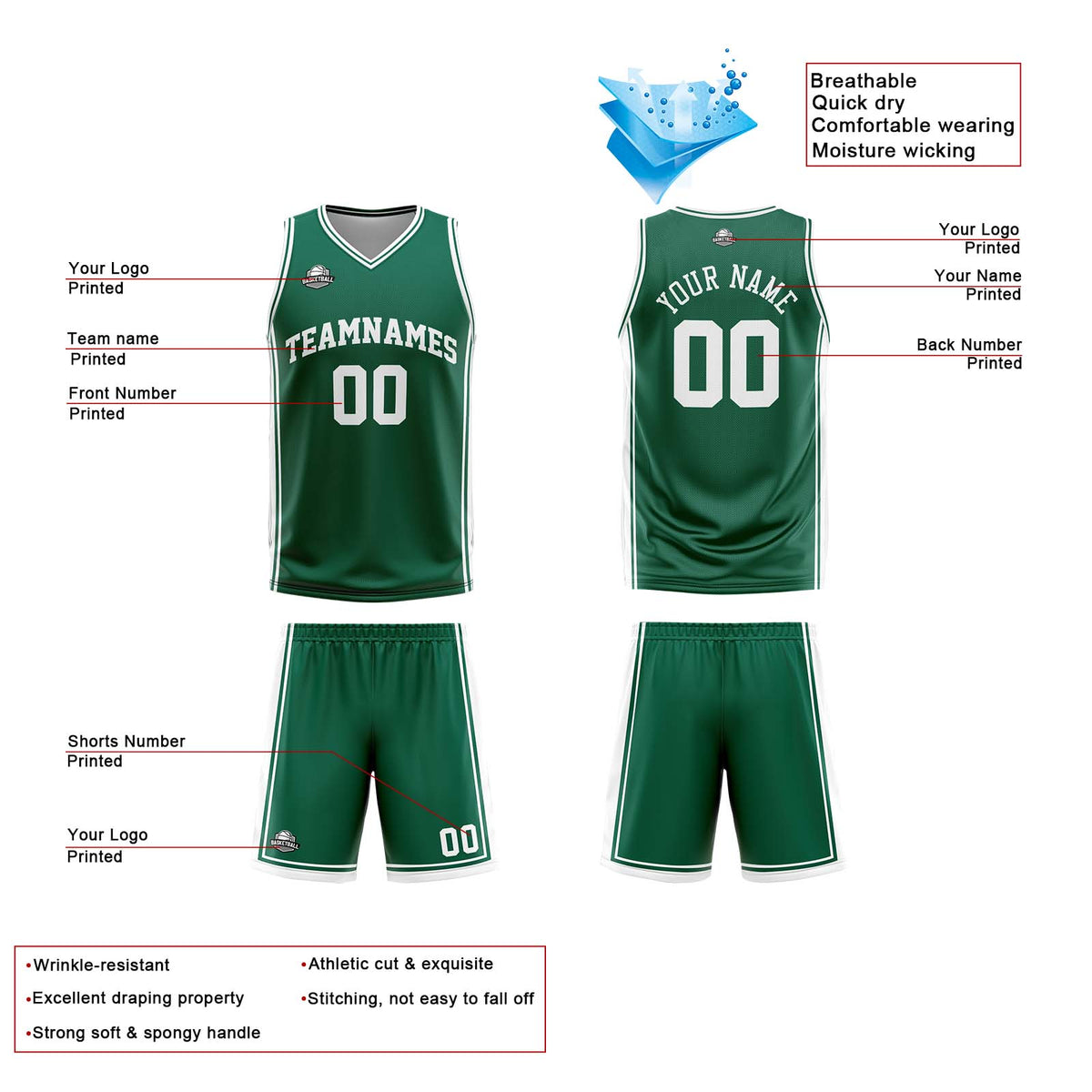 Benutzerdefinierte Grün Weiß Reversible Basketball Jersey Personalisierte Print Name Nummer Logo