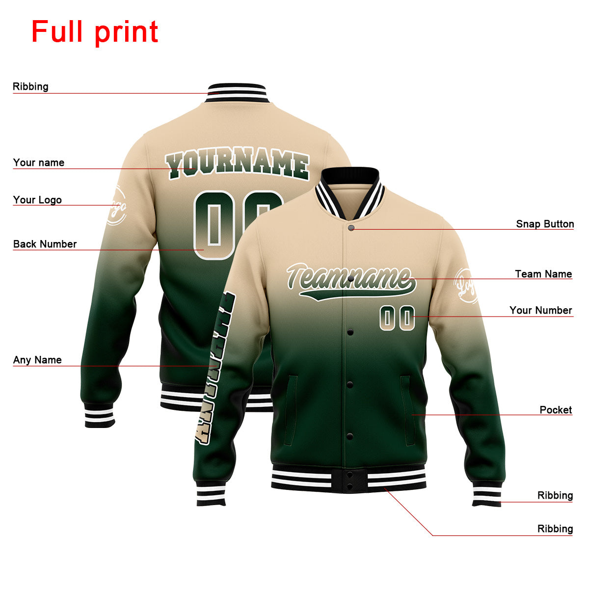 Benutzerdefinierte Verlauf Varsity-Jacke. Letterman-Jacke Khaki Dunkelgrün