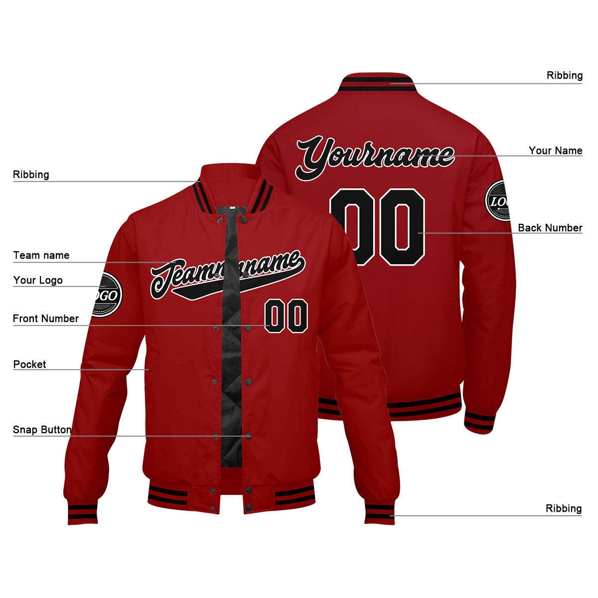 Benutzerdefinierte Verlauf Varsity-Jacke. Letterman-Jacke Rot Schwarz
