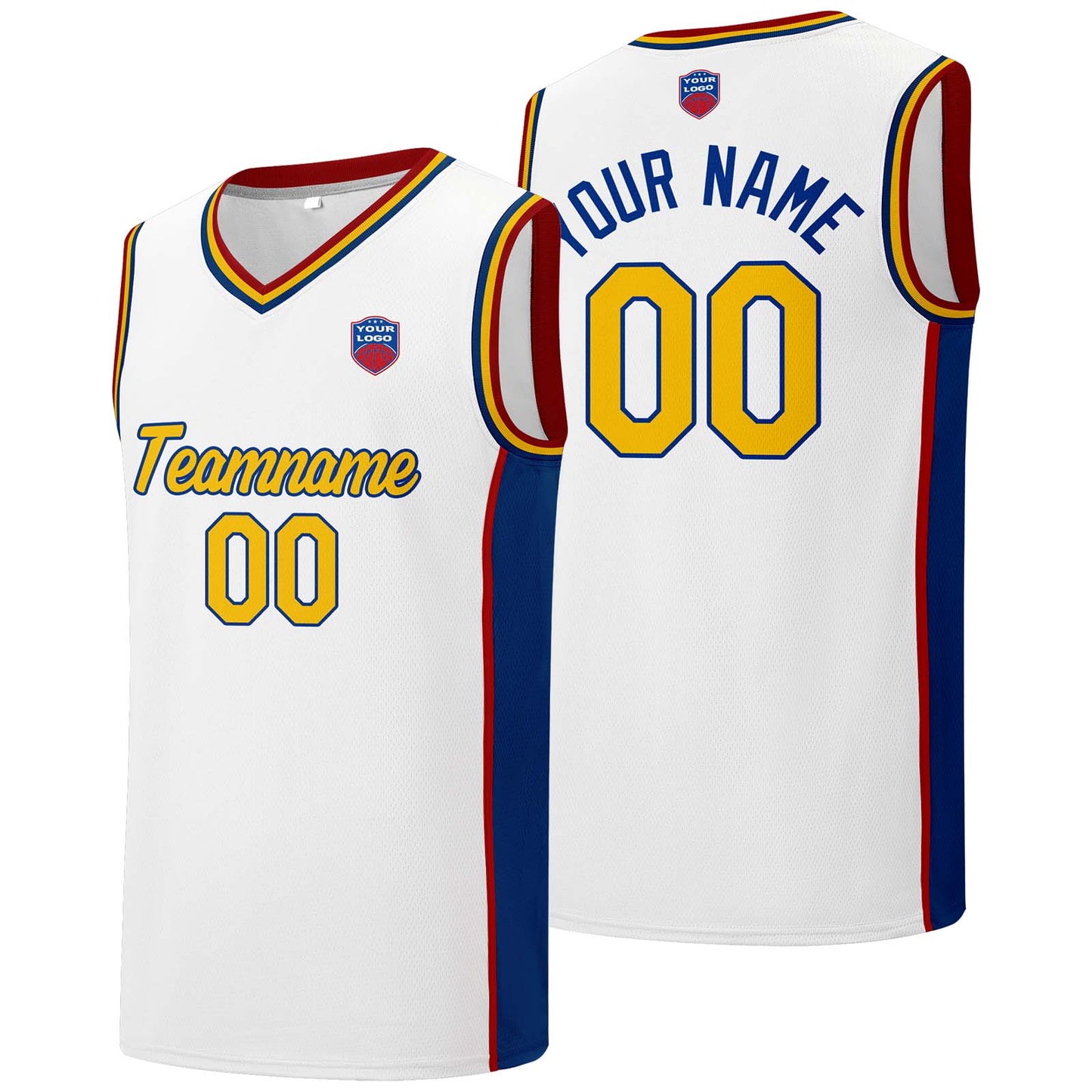 Individuelle Basketball-Jersey-Shorts für Männer und Frauen. Gestickter und gedruckter Name, Nummer und Logo Weiß &Royal