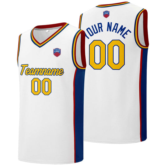 Individuelle Basketball-Jersey-Shorts für Männer und Frauen. Gestickter und gedruckter Name, Nummer und Logo Weiß &Royal