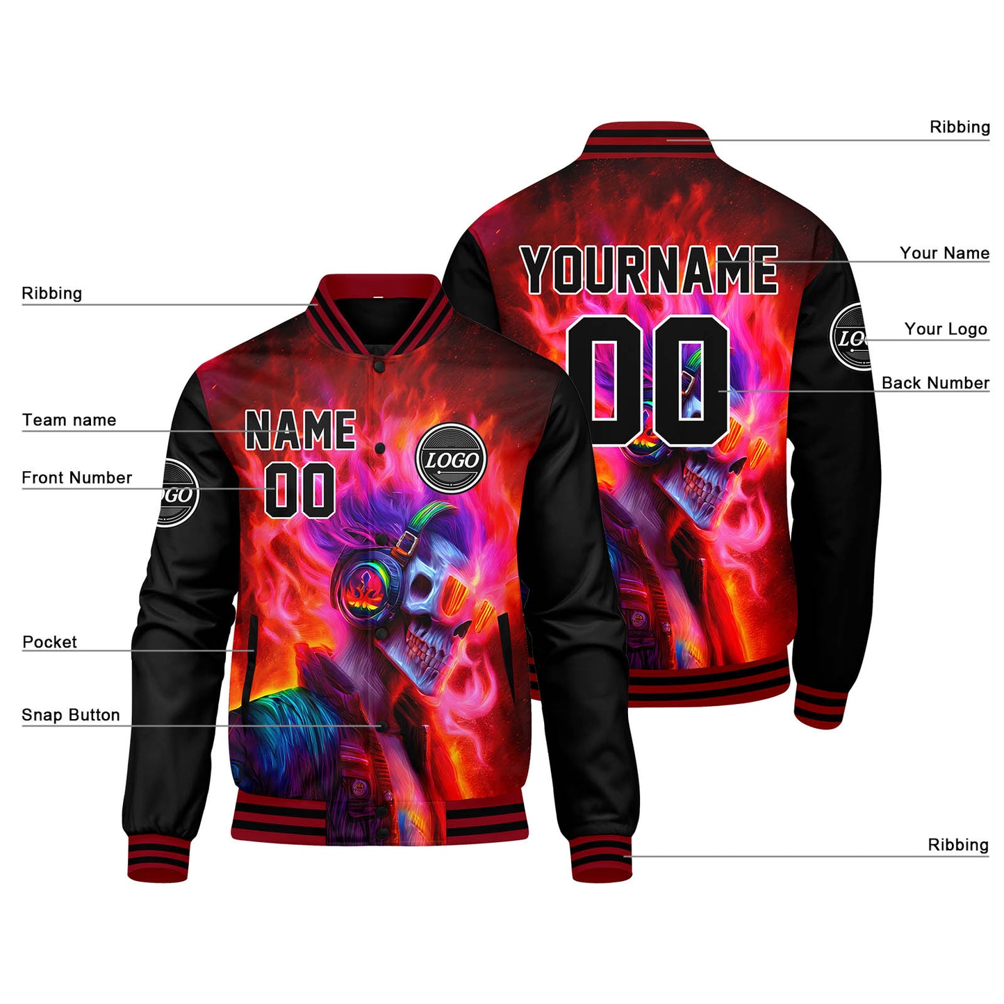 Benutzerdefinierte Verlauf Varsity-Jacke. Letterman-Jacke Rot Schwarz