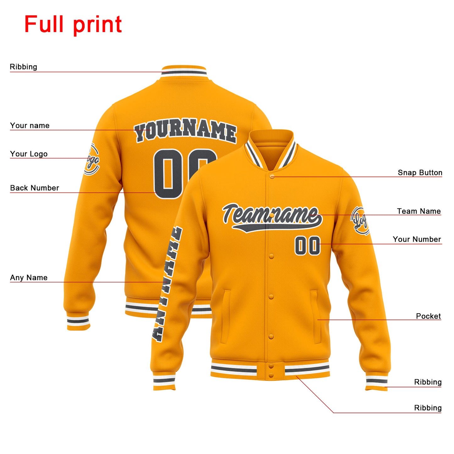 Benutzerdefinierte Varsity-Jacke. Letterman-Jacke für Männer, Frauen und Jugendliche Gelb Grau