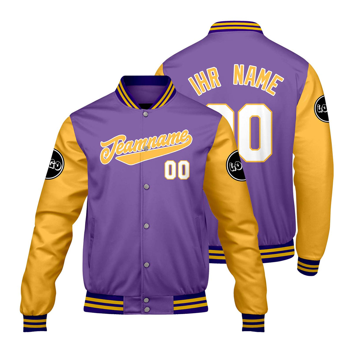 Maßgeschneiderte Lila Gelb Letterman Varsity Jacket Individuelle Stickerei Druck nach Ihrem Wunsch