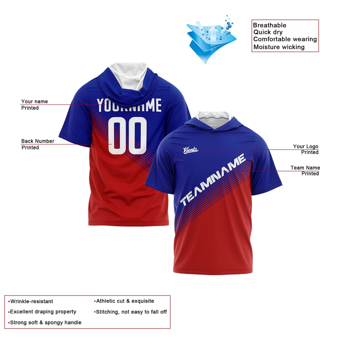 Benutzerdefinierte Rot Königlich Kurzarm-Kapuzenpullover für Männer Frauen Hemden mit Kapuzen gedruckt Name Logo