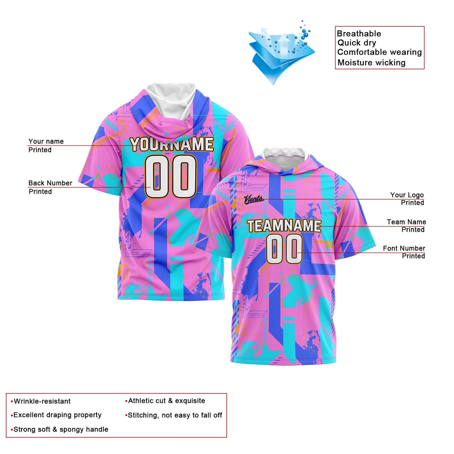 Benutzerdefinierte Rosa Blau Kurzarm-Kapuzenpullover für Männer Frauen Hemden mit Kapuzen gedruckt Name Logo