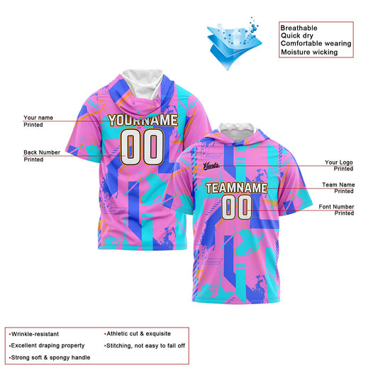 Benutzerdefinierte Rosa Blau Kurzarm-Kapuzenpullover für Männer Frauen Hemden mit Kapuzen gedruckt Name Logo