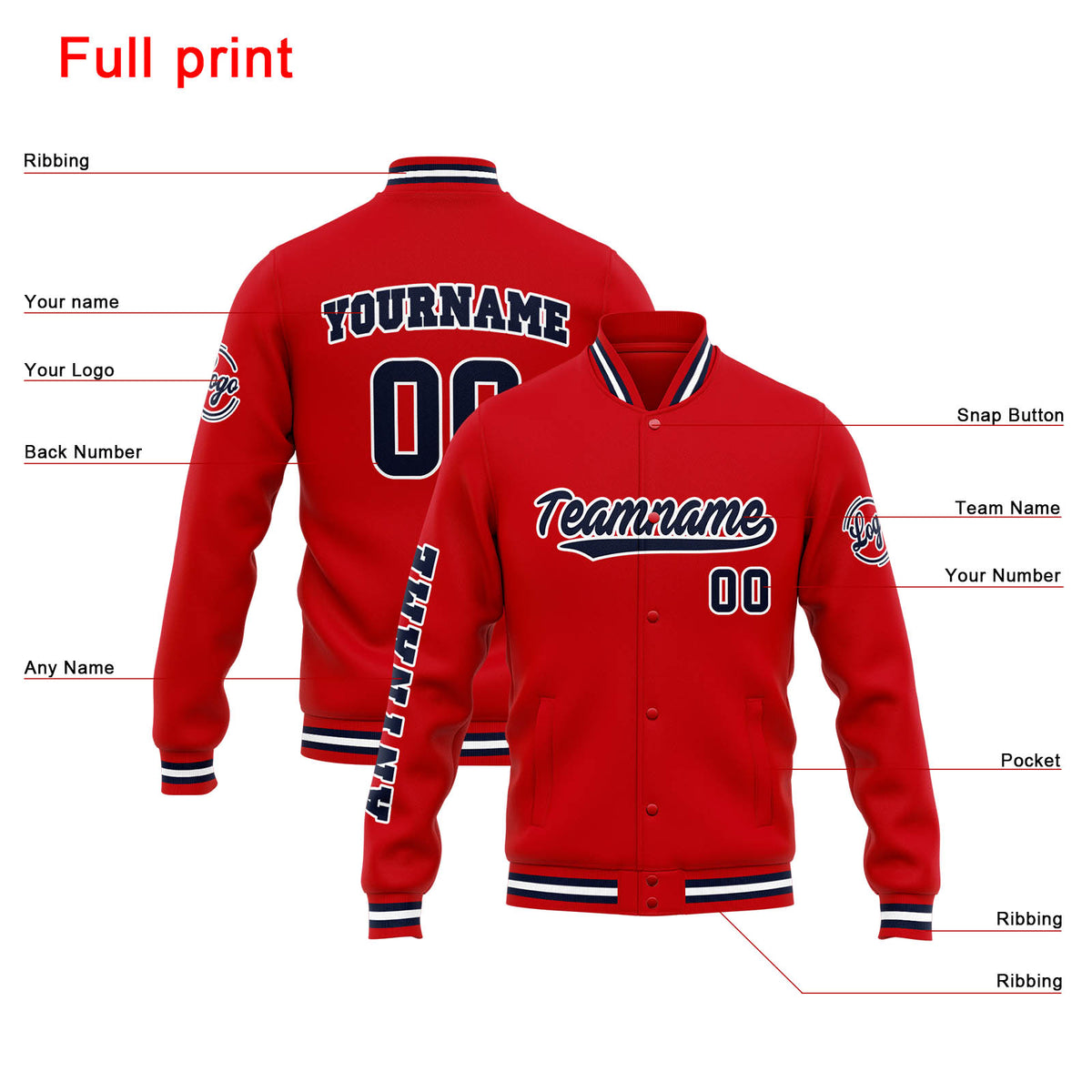 Benutzerdefinierte Varsity-Jacke. Letterman-Jacke für Männer, Frauen und Jugendliche Rot Marine