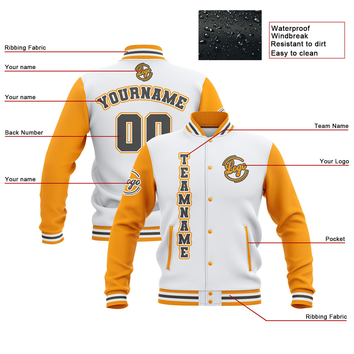 Benutzerdefiniert Weiß Gelb Grau Wasserdichte Varsity Jacken Personalisiert genäht Name Nummer Logo zu Letterman Jacken