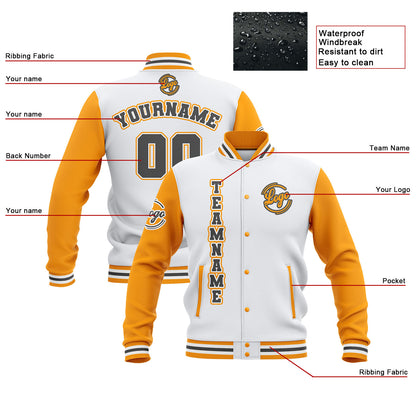 Benutzerdefiniert Weiß Gelb Grau Wasserdichte Varsity Jacken Personalisiert genäht Name Nummer Logo zu Letterman Jacken
