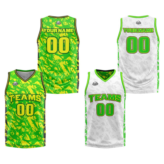 Benutzerdefinierte Grün Gelb Reversible Basketball Jersey Personalisierte Print Name Nummer Logo