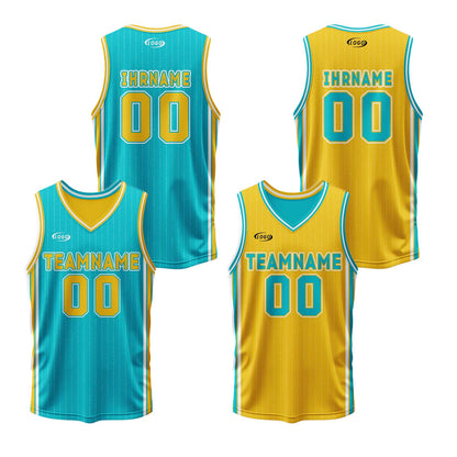 Benutzerdefinierte Cyan Gelb Reversible Basketball Jersey Personalisierte Drucken Name Nummer Logo