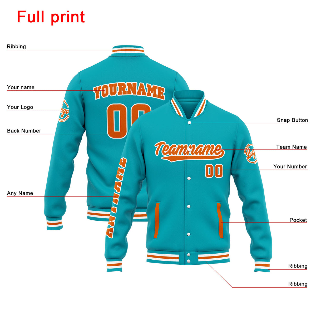 Benutzerdefinierte Varsity-Jacke. Letterman-Jacke für Männer, Frauen und Jugendliche Teal Orange