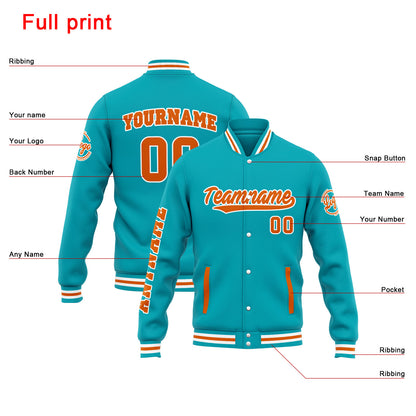 Benutzerdefinierte Varsity-Jacke. Letterman-Jacke für Männer, Frauen und Jugendliche Teal Orange
