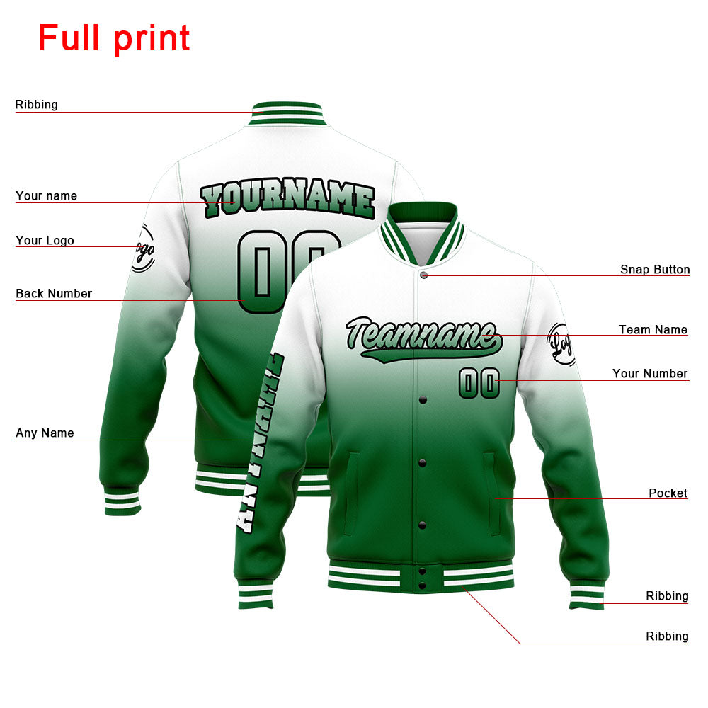 Benutzerdefinierte Varsity-Jacke. Letterman-Jacke für Männer, Frauen und Jugendliche Grün Weiß