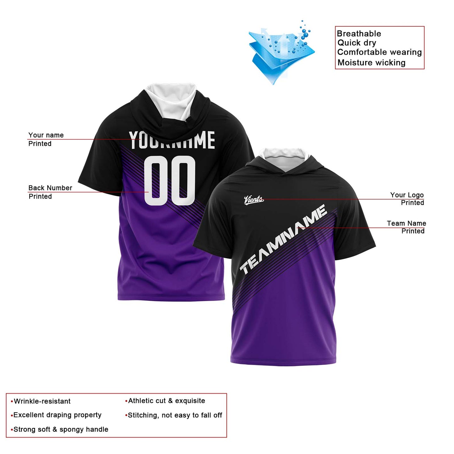 Benutzerdefinierte Schwarz Lila Kurzarm-Kapuzenpullover für Männer Frauen Hemden mit Kapuzen gedruckt Name Logo
