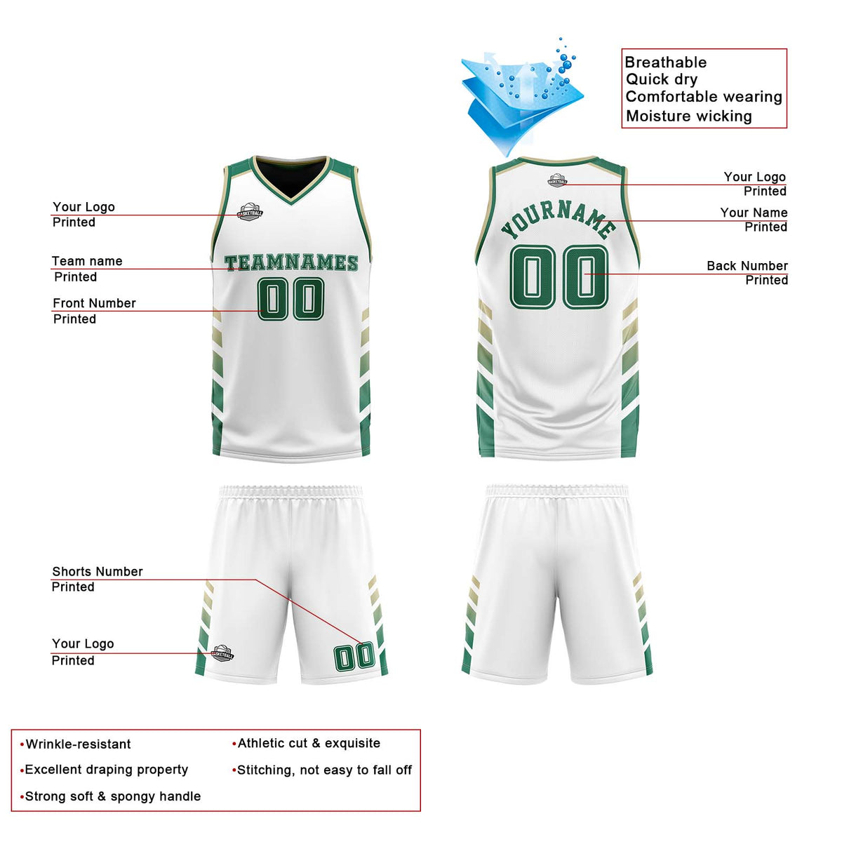 Benutzerdefinierte Weiß Jäger Grün Beige Reversible Basketball Jersey Personalisierte Print Name Nummer Logo