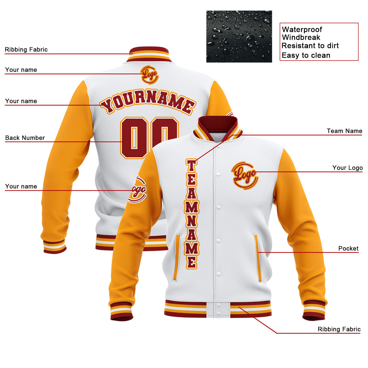 Benutzerdefiniert Weiß Gelb Rot Wasserdichte Varsity Jacken Personalisiert genäht Name Nummer Logo zu Letterman Jacken