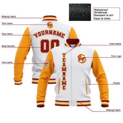 Benutzerdefiniert Weiß Gelb Rot Wasserdichte Varsity Jacken Personalisiert genäht Name Nummer Logo zu Letterman Jacken