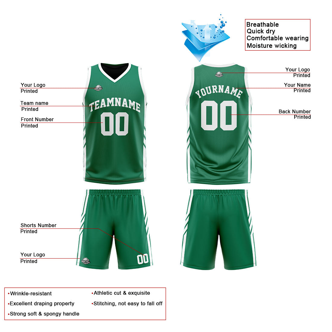 Benutzerdefinierte Reversible Basketball Jersey Personalisierte Print Name Nummer Logo Grün-Schwarz