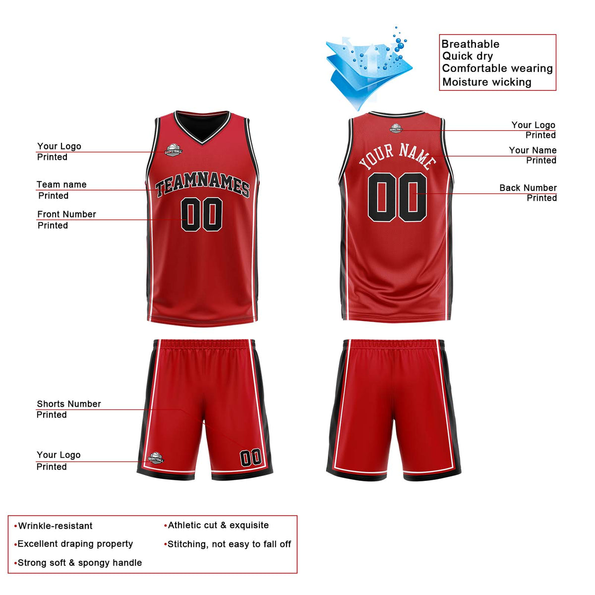 Benutzerdefinierte Rot Weiß Schwarz Reversible Basketball Jersey Personalisierte Print Name Nummer Logo