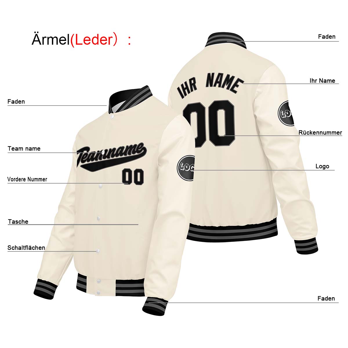 Maßgeschneiderte Creme Weiß Letterman Varsity Jacket Individuelle Stickerei Druck nach Ihrem Wunsch