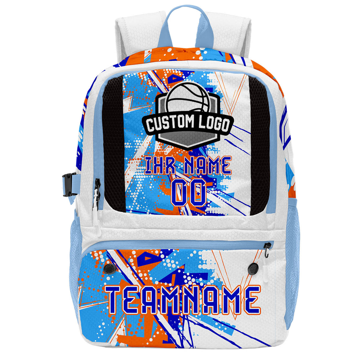 Personalisierter Basketball - und Fußballrucksack in Orange & Blau und Weiß mit Spielernamen & Nummern und Teamlogo #BP-0919-0025
