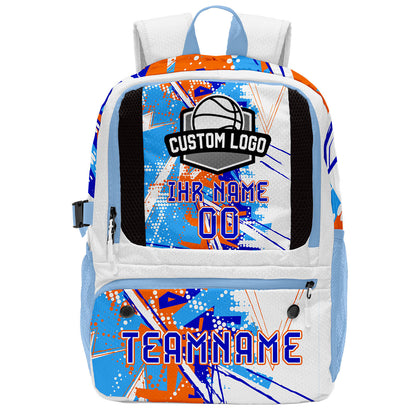 Personalisierter Basketball - und Fußballrucksack in Orange & Blau und Weiß mit Spielernamen & Nummern und Teamlogo #BP-0919-0025