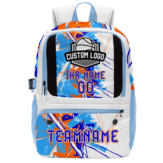 Personalisierter Basketball - und Fußballrucksack in Orange & Blau und Weiß mit Spielernamen & Nummern und Teamlogo #BP-0919-0025