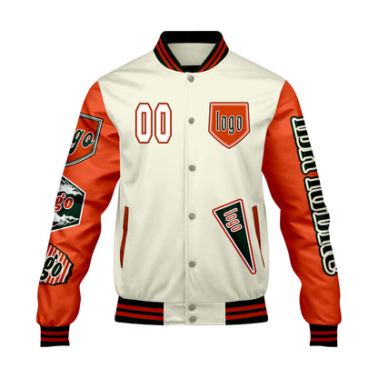 Maßgeschneiderte Weiß Orange Letterman Varsity Jacket Individuelle Stickerei  Druck nach Ihrem Wunsch