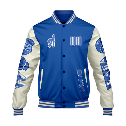 Maßgeschneiderte Blau Weiß Letterman Varsity Jacket Individuelle Stickerei  Druck nach Ihrem Wunsch