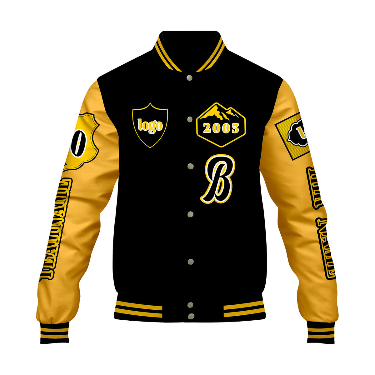 Maßgeschneiderte Schwarz Gelb Letterman Varsity Jacket Individuelle Stickerei  Druck nach Ihrem Wunsch