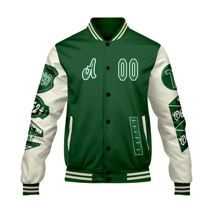 Maßgeschneiderte Grün Weiß Letterman Varsity Jacket Individuelle Stickerei  Druck nach Ihrem Wunsch
