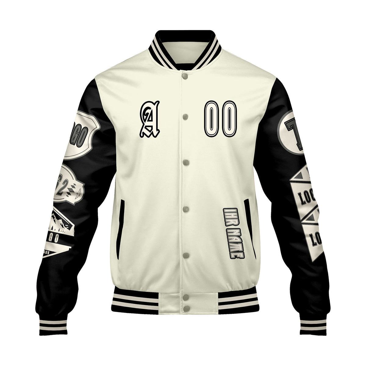 Maßgeschneiderte Weiß Schwarz Letterman Varsity Jacket Individuelle Stickerei  Druck nach Ihrem Wunsch