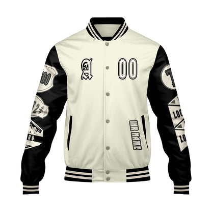 Maßgeschneiderte Weiß Schwarz Letterman Varsity Jacket Individuelle Stickerei  Druck nach Ihrem Wunsch