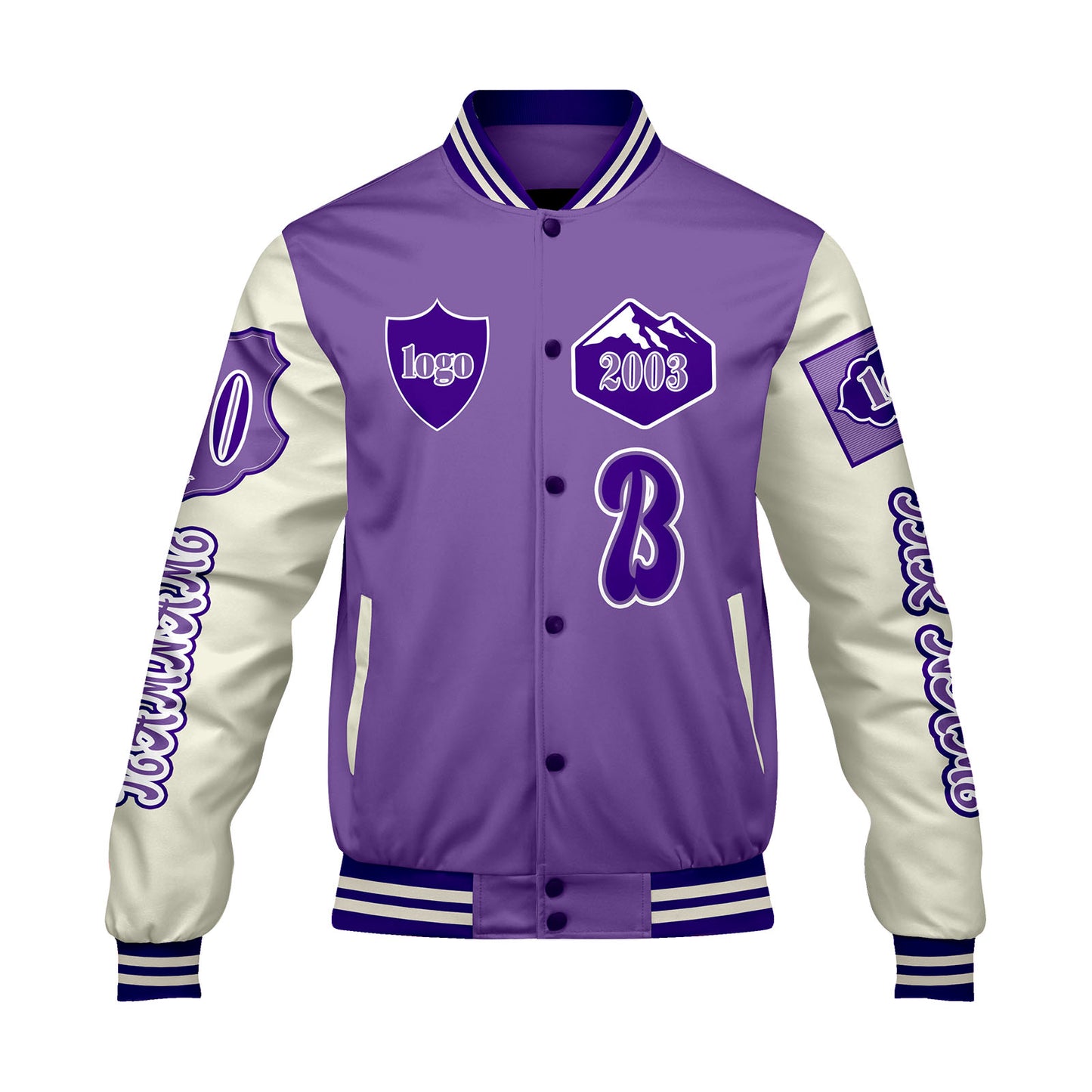Maßgeschneiderte Lila Weiß Letterman Varsity Jacket Individuelle Stickerei  Druck nach Ihrem Wunsch