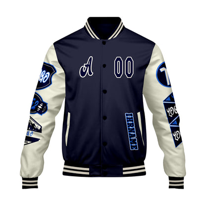 Maßgeschneiderte Marine Weiß Letterman Varsity Jacket Individuelle Stickerei  Druck nach Ihrem Wunsch