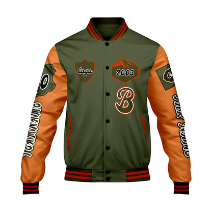 Maßgeschneiderte Olivengrün Orange Letterman Varsity Jacket Individuelle Stickerei  Druck nach Ihrem Wunsch