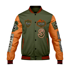 Maßgeschneiderte Olivengrün Orange Letterman Varsity Jacket Individuelle Stickerei  Druck nach Ihrem Wunsch