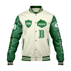 Maßgeschneiderte Weiß Grün Letterman Varsity Jacket Individuelle Stickerei  Druck nach Ihrem Wunsch