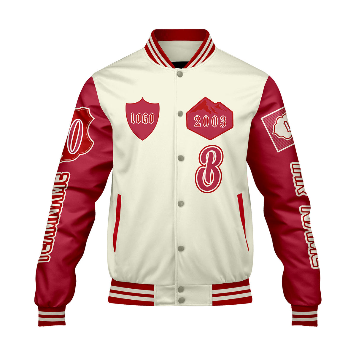 Maßgeschneiderte Weiß Rot Letterman Varsity Jacket Individuelle Stickerei  Druck nach Ihrem Wunsch