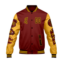 Maßgeschneiderte Burgund Gelb Letterman Varsity Jacket Individuelle Stickerei  Druck nach Ihrem Wunsch