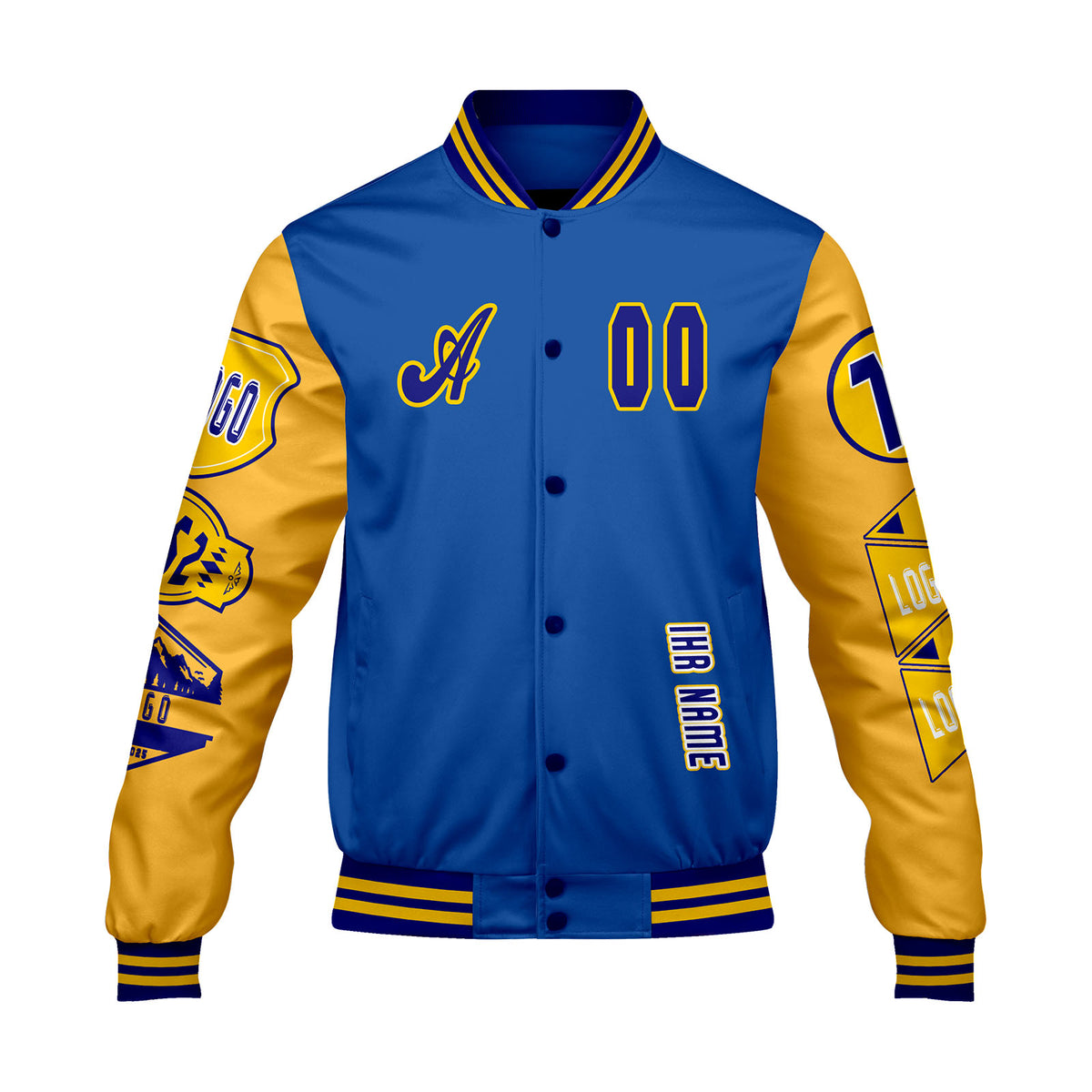 Maßgeschneiderte Blau Gelb Letterman Varsity Jacket Individuelle Stickerei  Druck nach Ihrem Wunsch