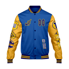 Maßgeschneiderte Blau Gelb Letterman Varsity Jacket Individuelle Stickerei  Druck nach Ihrem Wunsch