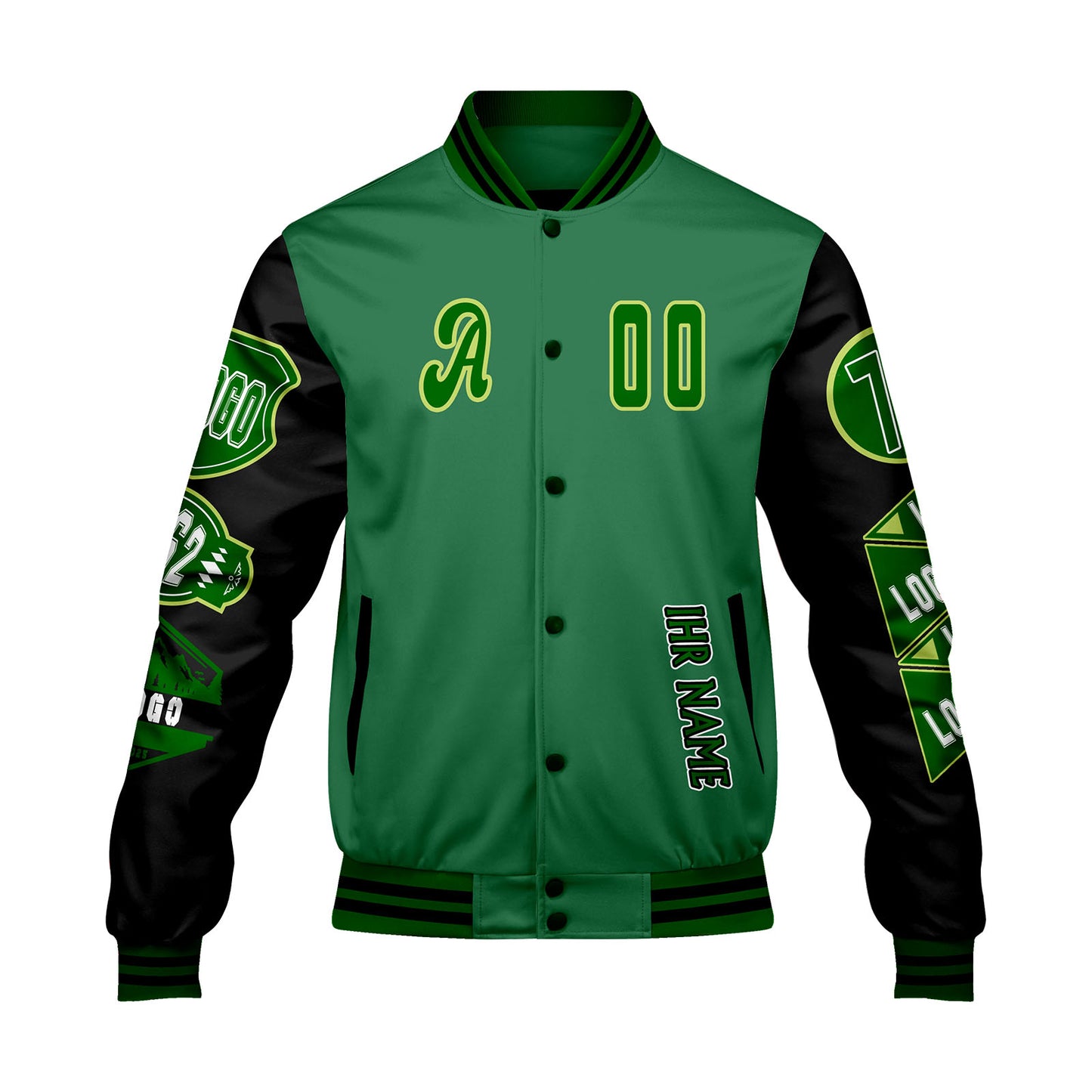 Maßgeschneiderte Grün Schwarz Letterman Varsity Jacket Individuelle Stickerei  Druck nach Ihrem Wunsch