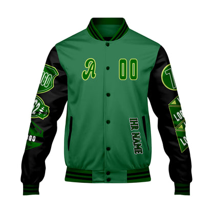 Maßgeschneiderte Grün Schwarz Letterman Varsity Jacket Individuelle Stickerei  Druck nach Ihrem Wunsch